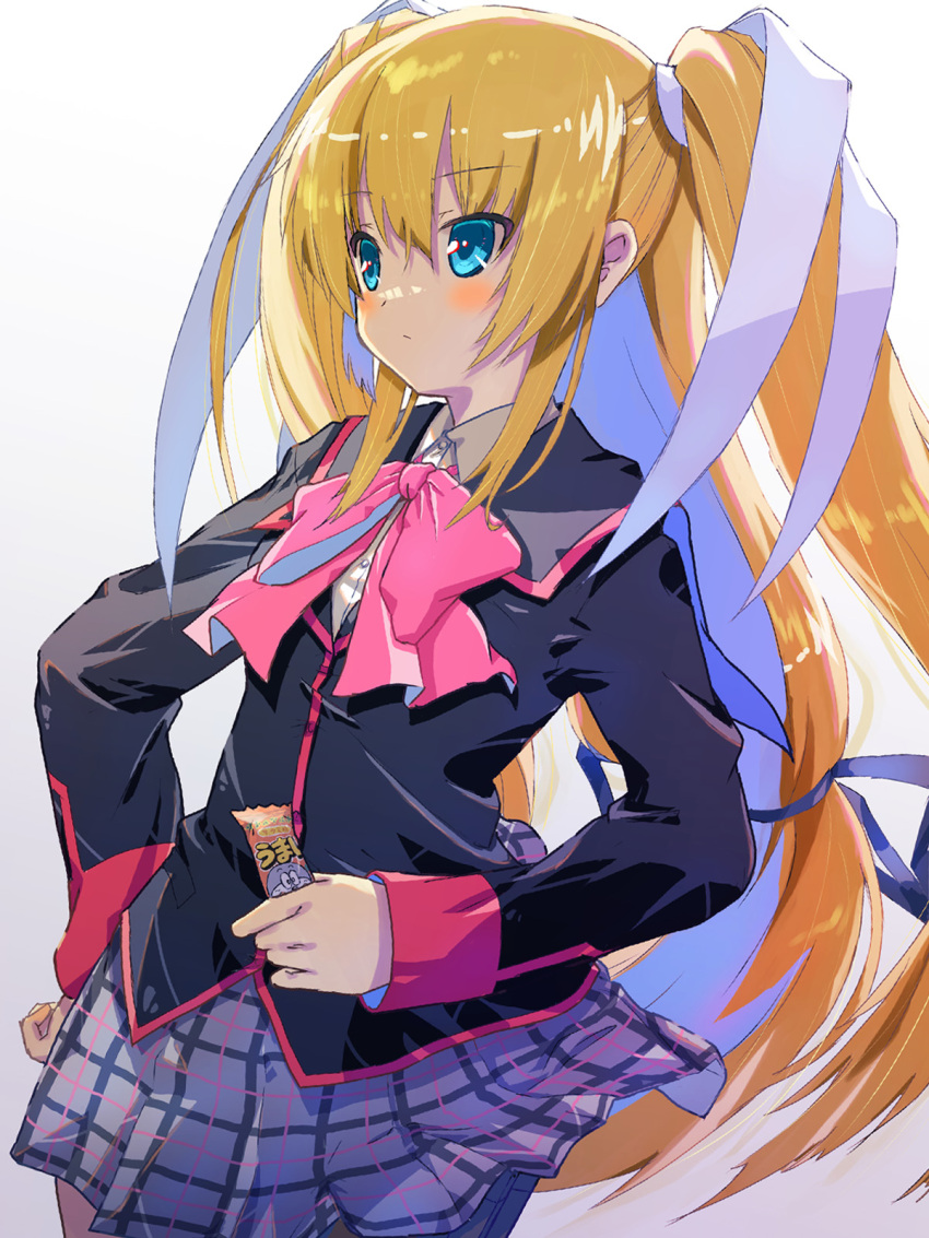 1girl akayama_yukihe aqua_eyes black_jacket blonde_hair blue_ribbon blush bow closed_mouth commentary cowboy_shot expressionless eyes_visible_through_hair food grey_skirt hair_between_eyes hair_ribbon hand_on_own_hip highres holding holding_food jacket little_busters! long_hair long_sleeves looking_afar miniskirt pink_bow plaid_clothes plaid_skirt pleated_skirt ribbon school_uniform sidelocks simple_background skirt solo standing straight_hair tokido_saya two_side_up umaibou very_long_hair white_background white_ribbon