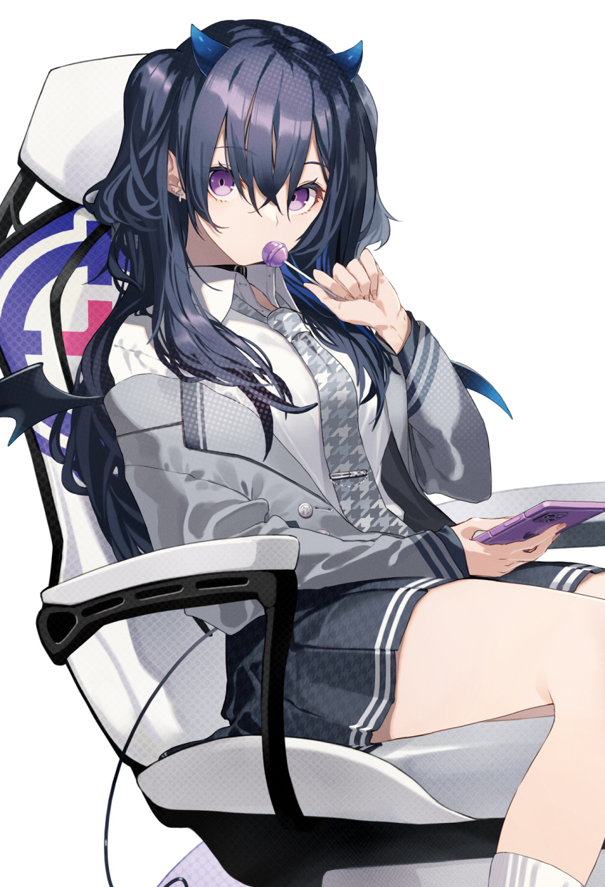 1girl black_collar black_hair blazer blue_horns blue_wings breasts candy cellphone chair chupa_chups collar collared_shirt cowboy_shot crossed_bangs demon_horns demon_wings desk food gaming_chair gradient_horns gradient_wings grey_jacket grey_necktie grey_skirt gyaru hair_between_eyes highres holding holding_candy holding_food holding_lollipop holding_phone horns ichinose_uruha ichinose_uruha_(6th_costume) jacket kogal lollipop long_hair long_sleeves looking_at_viewer mini_wings miniskirt multicolored_horns multicolored_wings necktie on_chair open_clothes open_jacket phone pleated_skirt print_necktie purple_eyes senmu_(senmudayo) shirt sidelocks sitting skirt small_horns smartphone socks solo swivel_chair thighs two_side_up virtual_youtuber vspo! white_background white_shirt white_socks wings
