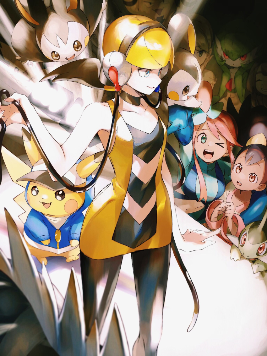 &gt;_o 3girls :d ;d arm_up axew baseball_cap black_choker black_legwear blonde_hair blue_eyes blue_gloves blue_jacket blunt_bangs brown_eyes cable catwalk catwalk_(modeling) choker clothed_pokemon collarbone commentary_request creatures_(company) dark-skinned_female dark_skin elekid elesa_(pokemon) emolga eyelashes game_freak gardevoir gen_1_pokemon gen_2_pokemon gen_3_pokemon gen_5_pokemon gloves hand_up hat headphones highres hood hooded_jacket indoors iris_(pokemon) jacket looking_down multiple_girls nintendo on_shoulder one_eye_closed open_mouth orange_mikan own_hands_together pantyhose parted_lips pikachu pokemon pokemon_(creature) pokemon_bw pokemon_on_shoulder short_hair skyla_(pokemon) smile standing teeth tongue upper_teeth_only zebstrika zipper_pull_tab