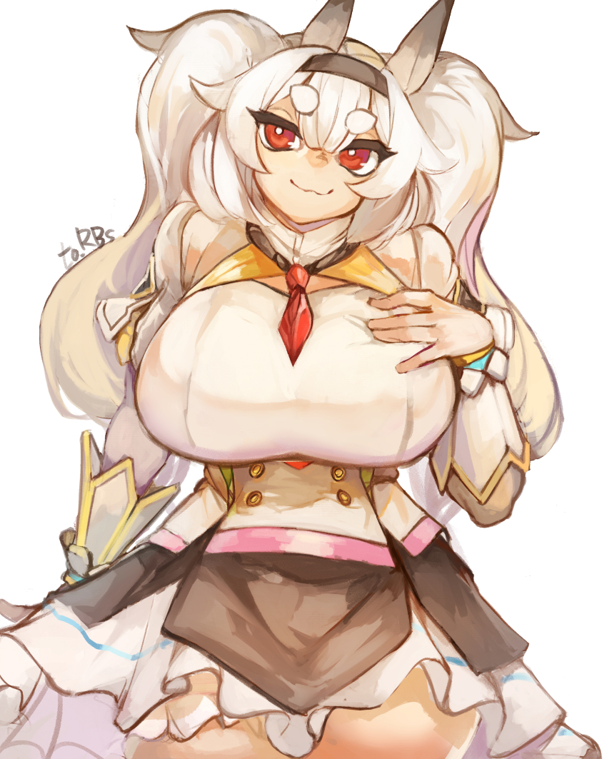 1girl absurdres alvis_(last_origin) aurora_(last_origin) aurora_(last_origin)_(cosplay) breasts character_request cosplay dress female_focus head_tilt highres huge_breasts larribee last_origin looking_at_viewer red_eyes smile solo standing thick_thighs thighs white_background white_dress white_hair