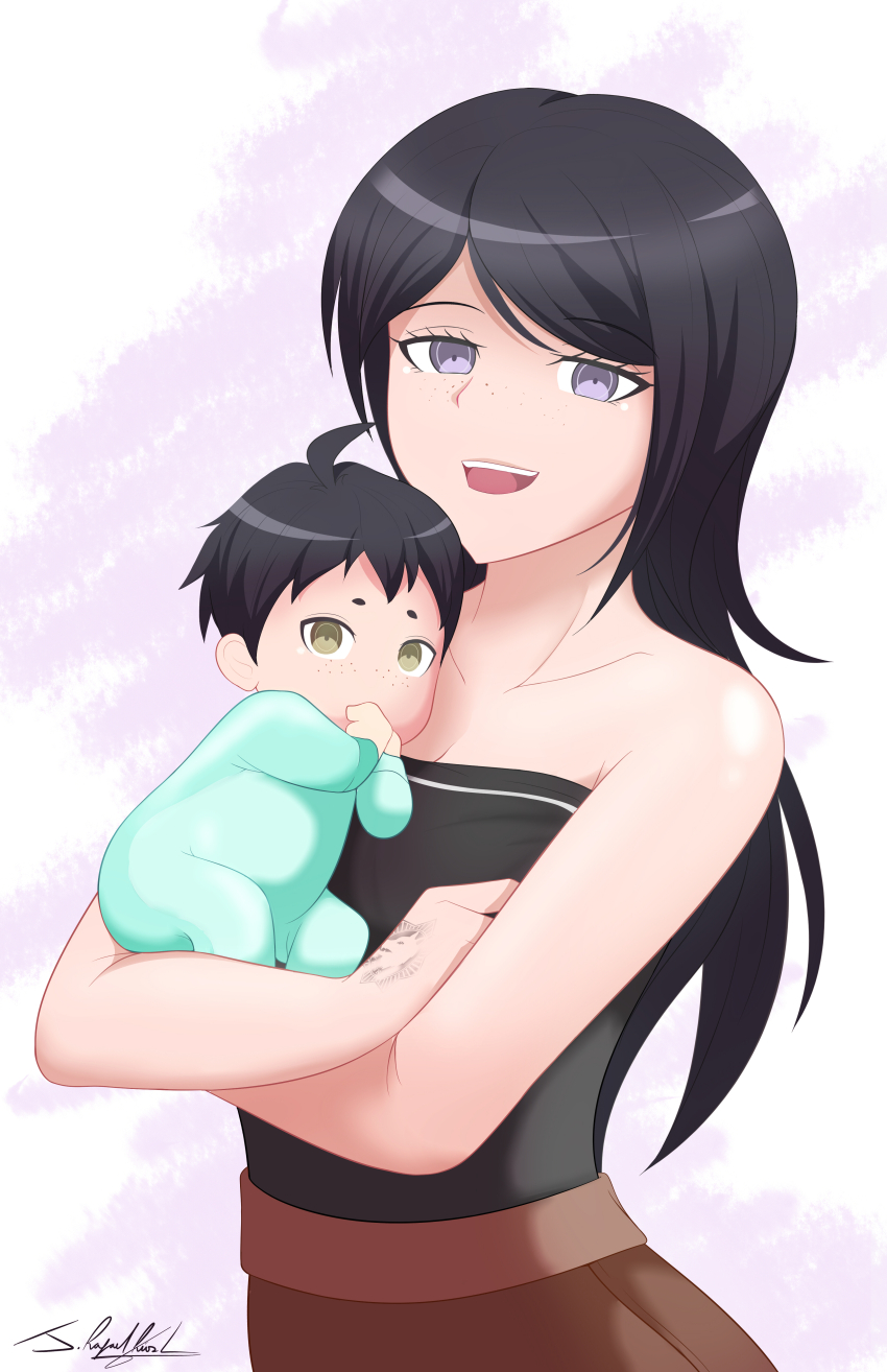 1boy 1girl absurdres ahoge alternate_costume alternate_hair_length alternate_hairstyle baby bare_shoulders black_dress black_hair brown_skirt carrying_baby carrying_person collarbone commentary commission danganronpa:_trigger_happy_havoc danganronpa_(series) dress english_commentary freckles green_eyes highres holding if_they_mated ikusaba_mukuro long_hair looking_at_viewer mother_and_son neolink077 open_mouth purple_eyes shirt signature skirt sleeveless smile strapless strapless_dress tube_dress