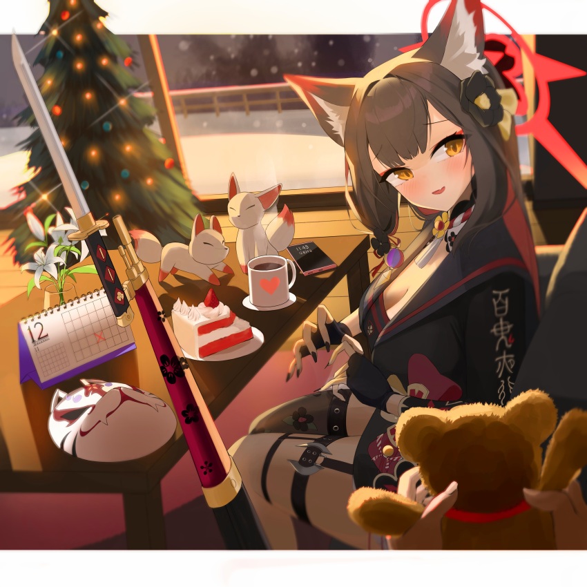 1girl absurdres animal_ear_fluff animal_ears black_flower black_gloves black_hair black_kimono black_nails black_sailor_collar blue_archive blush breasts cake cleavage coffee coffee_mug couch cup fang fingerless_gloves flower food fox_ears fox_girl fox_mask gloves hair_flower hair_ornament highres holding holding_stuffed_toy japanese_clothes kimono large_breasts looking_at_viewer mask mug on_couch open_mouth pov sailor_collar single_thighhigh sitting snow stuffed_animal stuffed_toy teddy_bear thigh_strap thighhighs torn_clothes torn_thighhighs vam wakamo_(blue_archive) yellow_eyes