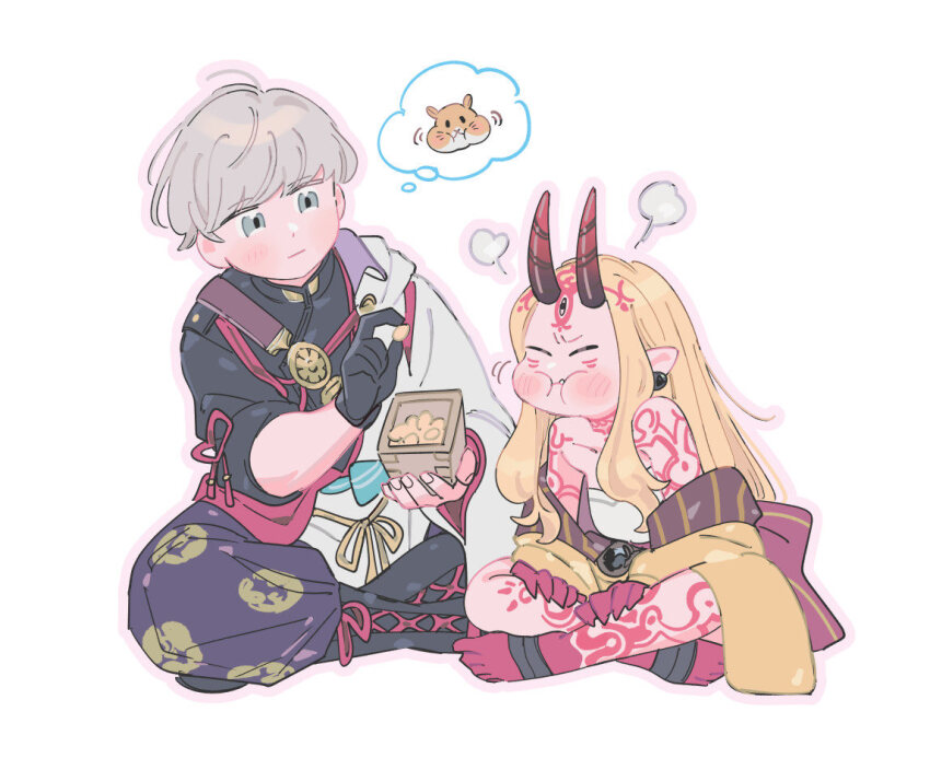 1boy 1girl beans black_gloves blonde_hair blush boots bowl_cut earrings eating facial_mark fate/grand_order fate_(series) feeding fingernails forehead_mark gloves grey_eyes hadanugi_dousa hamster horns ibaraki_douji_(fate) japanese_clothes jewelry kimono long_hair masu oneroom-disco oni open_clothes open_kimono pointy_ears puff_of_air setsubun sharp_fingernails sharp_toenails short_kimono speech_bubble tattoo thought_bubble toenails watanabe_no_tsuna_(fate) white_hair yellow_kimono