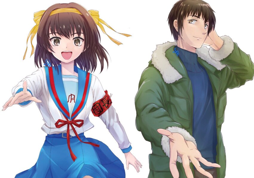 1boy 1girl :d armband blue_sailor_collar blue_skirt blush brown_eyes brown_hair closed_mouth coat cowboy_shot fur-trimmed_coat fur_trim green_coat gurira_(gyud0nm0rim0ri) hair_between_eyes hair_ribbon hairband happy highres index_finger_raised kita_high_school_uniform kyon long_sleeves looking_at_viewer medium_hair nose open_mouth outstretched_arm outstretched_hand red_armband red_ribbon ribbon sailor_collar school_uniform serafuku shirt short_hair simple_background skirt smile suzumiya_haruhi suzumiya_haruhi_no_yuuutsu teeth turtleneck upper_teeth_only white_background white_shirt wide-eyed winter_uniform yellow_hairband yellow_ribbon