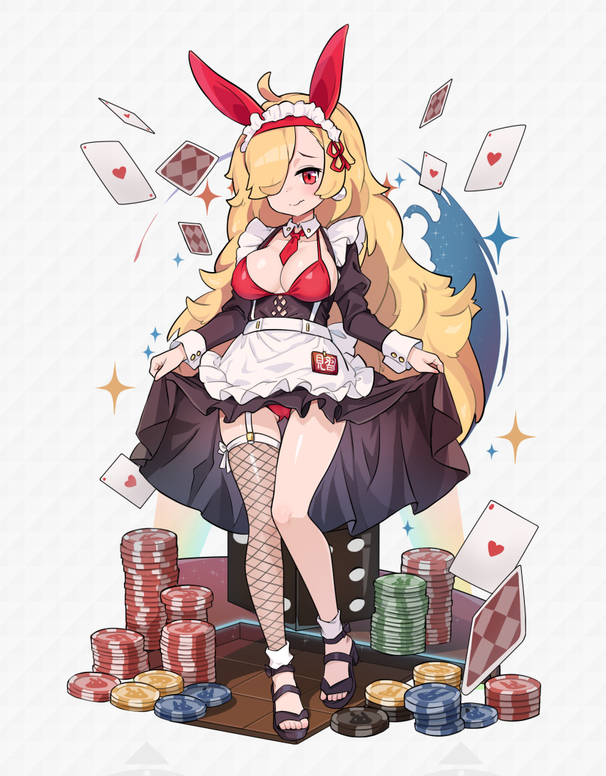 1girl absurdres ace_(playing_card) ace_of_hearts animal_ear_hairband animal_ears apron black_shirt blonde_hair bra breasts card character_request closed_mouth fake_animal_ears fishnet_thighhighs fishnets full_body grey_background hair_over_one_eye hairband heart highres large_breasts long_hair looking_at_viewer mwm5 necktie panties playing_card poker_chip red_bra red_necktie red_panties sandals shirt single_thighhigh solo sparkle thighhighs underwear very_long_hair white_apron world_flipper