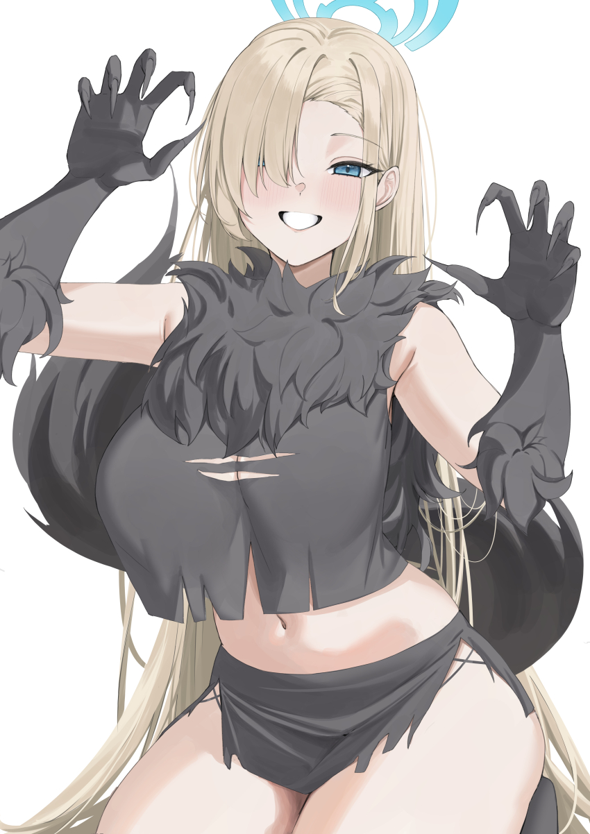 1girl absurdres alternate_costume asuna_(blue_archive) black_fur black_gloves blue_archive blue_eyes blue_halo breasts commentary_request gloves hair_over_one_eye halo highres large_breasts long_hair looking_at_viewer midriff navel ref_(pmxt4483) simple_background smile solo thighs very_long_hair white_background