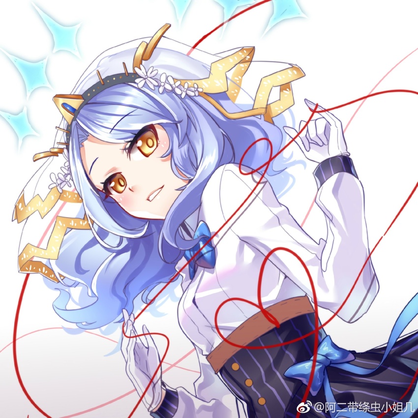 1girl aer_(tengqiu) blue_hair bow bridal_veil flower gloves hair_flower hair_ornament heart heart_of_string highres juno_(warship_girls_r) long_hair looking_at_viewer skirt smile solo string string_of_fate veil warship_girls_r watermark weibo_watermark weibo_watermark white_gloves yellow_eyes