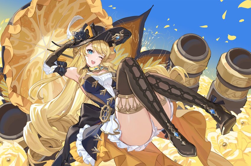 1girl absurdres arm_up armpits black_boots black_bow black_dress black_flower black_gloves black_hat blonde_hair blue_eyes boots bow detached_sleeves dress drill_hair falling_petals flower genshin_impact gloves gold_thighlet hat hat_flower highres holding holding_umbrella long_hair long_sleeves looking_at_viewer navia_(genshin_impact) one_eye_closed open_mouth petals smile solo teeth thigh_boots umbrella upper_teeth_only yellow_flower yu-ri_(arium047)