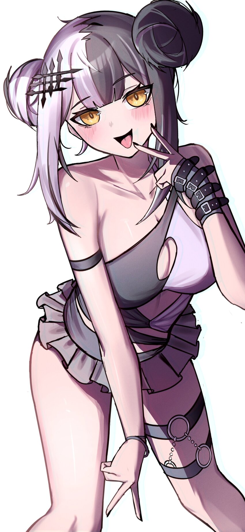 1girl absurdres bikini black_bikini black_hair black_nails blush breasts cleavage double_bun grey_hair hair_bun highres hololive hololive_english large_breasts looking_at_viewer multicolored_bikini multicolored_hair o-ring o-ring_thigh_strap official_alternate_costume official_alternate_hairstyle open_mouth purple_bikini shiori_novella silva_arts simple_background solo split-color_hair swimsuit thigh_strap two-tone_bikini virtual_youtuber white_background yellow_eyes