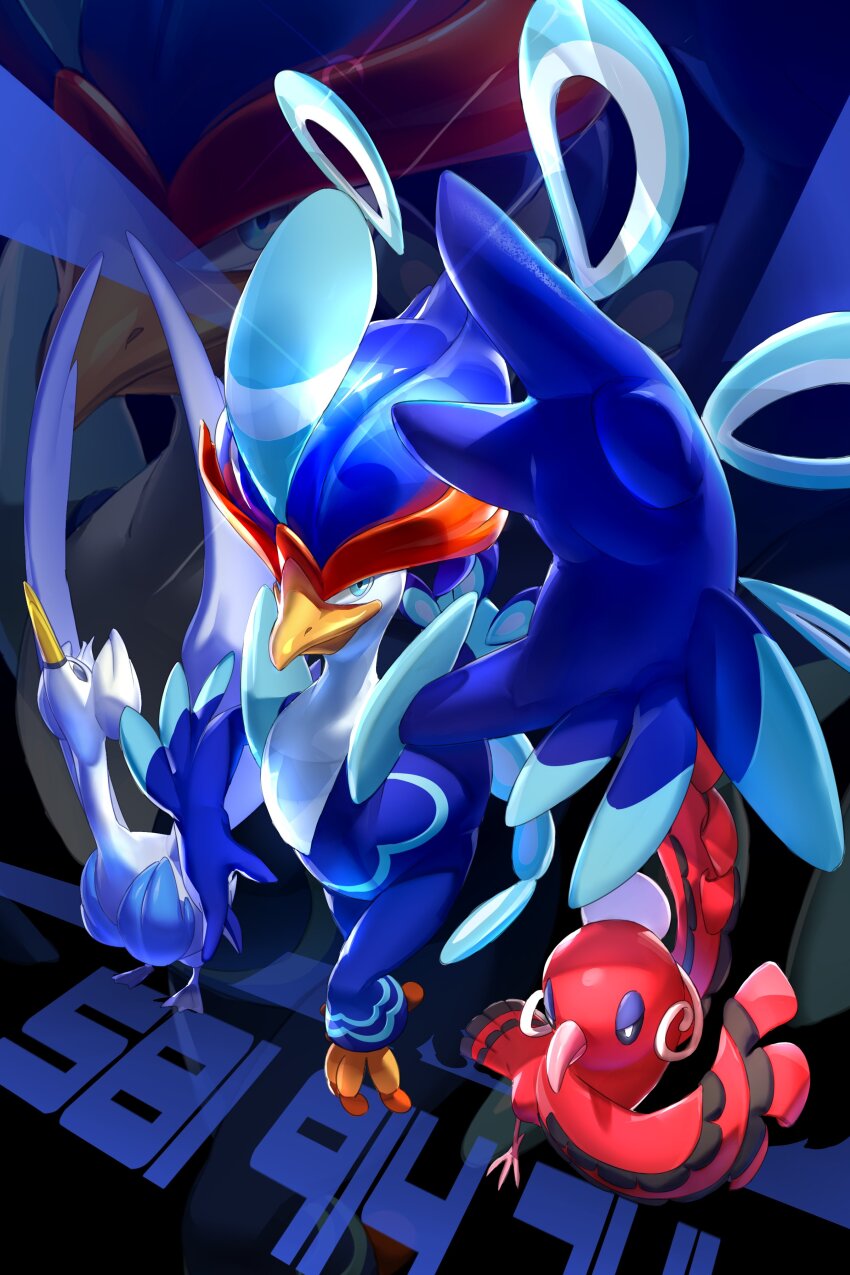 absurdres arm_up beak blue_eyes bluegeyko commentary english_commentary feathers full_body gen_5_pokemon gen_7_pokemon head_back highres looking_ahead looking_to_the_side nintendo oricorio oricorio_(baile) pokemon pokemon_(creature) quaquaval side-by-side sideways_glance swanna talons wings
