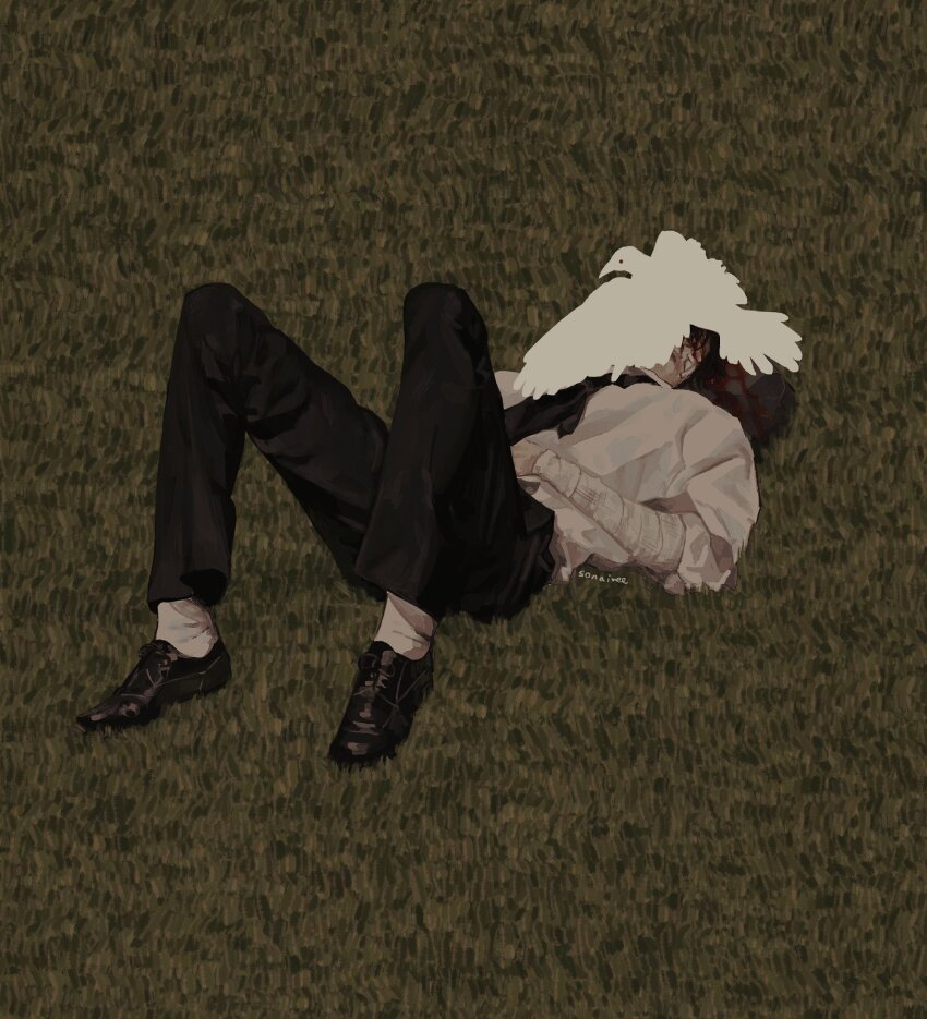 1boy bag bandage_on_face bandaged_arm bandages bird black_shirt black_shoes blood blood_on_face bungou_stray_dogs coat covered_face dazai_osamu_(bungou_stray_dogs) dress_shoes field full_body grass hand_on_own_stomach highres knees_up lying male_focus muted_color on_back on_grass shirt shoes silhouette solo sonaireeart white_bird white_coat