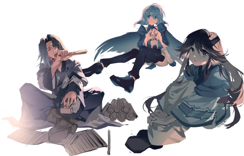 1boy 2girls aged_up ahoge ainu_clothes animal_ears aquaplus arm_up aruruu bcm black_wings blue_eyes blue_hair boots brown_eyes brown_hair crossed_legs dress eyes_visible_through_hair feathered_wings from_side gachatara hair_between_eyes hair_over_one_eye hakuowlo hand_fan head_tilt highres holding holding_fan holding_weapon camyu knees_up oversized_wings layered_sleeves long_hair long_sleeves looking_at_viewer multiple_girls one_eye_closed open_mouth pants raised_eyebrows red_sash sash scroll sidelocks sitting smile teeth thick_thighs thighhighs thighs tongue utawarerumono utawarerumono:_futari_no_hakuoro utawarerumono:_itsuwari_no_kamen very_long_hair weapon wide_sleeves wings yawning