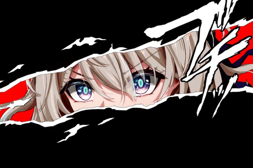 1girl close-up eye_focus firefly_(honkai:_star_rail) grey_hair hair_between_eyes highres honkai:_star_rail honkai_(series) looking_at_viewer multicolored_eyes parody persona persona_5 persona_eyes purple_eyes simple_background style_parody tefutefufu two-tone_eyes