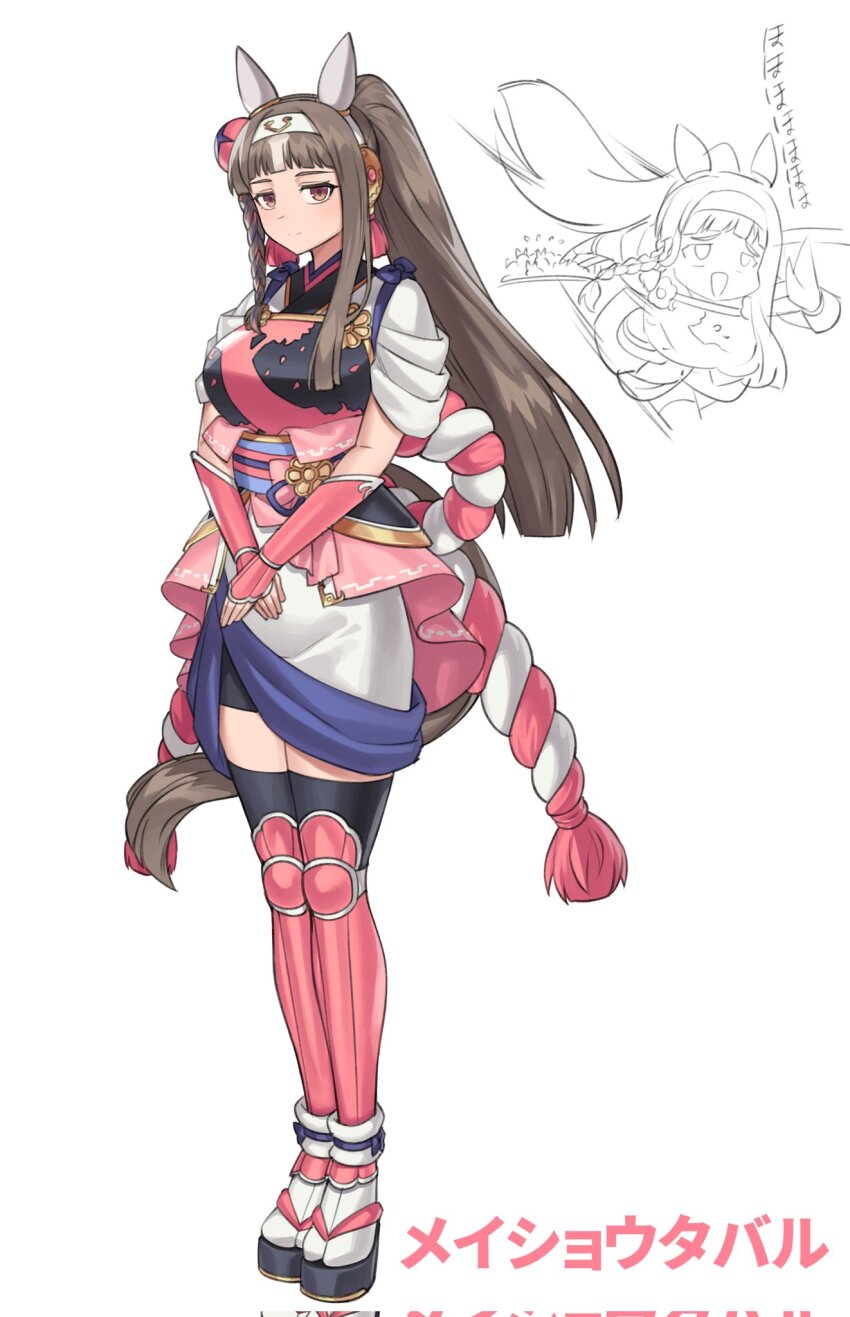 1girl animal_ears armor blunt_bangs blunt_ends blunt_tresses braided_sidelock brown_eyes brown_hair character_name commentary_request crossed_arms ear_covers flying_sweatdrops fukuro_(maruaru00) genderswap genderswap_(mtf) geta hair_ornament hairband highres horse_ears horse_girl horse_tail japanese_armor japanese_clothes kote looking_at_viewer meisho_tabaru_(racehorse) obi ojou-sama_pose original personification ponytail running sash sidelocks sketch_inset solo_focus suneate sweatdrop tail translation_request trimmed_tail umamusume white_hairband