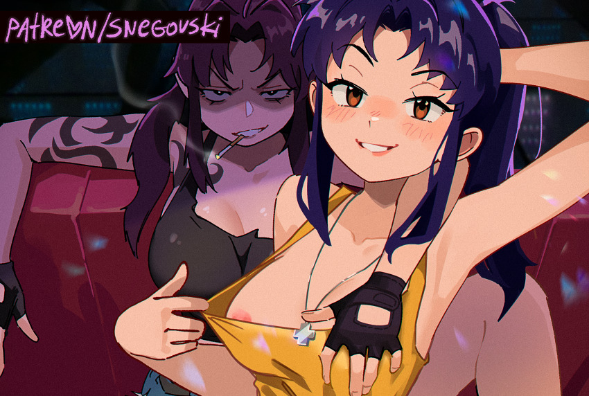 2girls areola_slip arm_around_neck arm_behind_head arm_tattoo arm_up armpits artist_name bare_shoulders black_eyes black_gloves black_lagoon black_shirt blush breasts brown_eyes cigarette clothes_pull crop_top cropped_shirt cross cross_necklace curtained_hair fingerless_gloves gloves grin hand_on_another&#039;s_chest heart highres jewelry jitome katsuragi_misato large_breasts long_hair looking_at_viewer multiple_girls necklace neon_genesis_evangelion patreon_username ponytail pulling_own_clothes purple_hair revy_(black_lagoon) shirt shirt_pull sidelocks sleeveless sleeveless_shirt smile smoke smoking snegovski tattoo teasing teeth top_pull v-shaped_eyebrows yellow_shirt