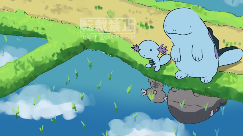._. :o clodsire commentary_request creatures_(company) different_reflection dirt_road game_freak gen_2_pokemon looking_down nintendo no_humans o_o paldean_wooper pic_koiwai pokemon pokemon_(creature) quagsire reflection reflective_water rice_paddy road twitter_username watermark wooper