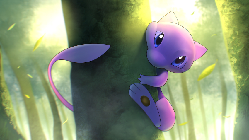 absurdres blue_eyes blurry commentary creature day forest gen_1_pokemon higa-tsubasa highres legendary_pokemon looking_at_viewer mew_(pokemon) mythical_pokemon nature nintendo no_humans outdoors pokemon pokemon_(creature) solo tree