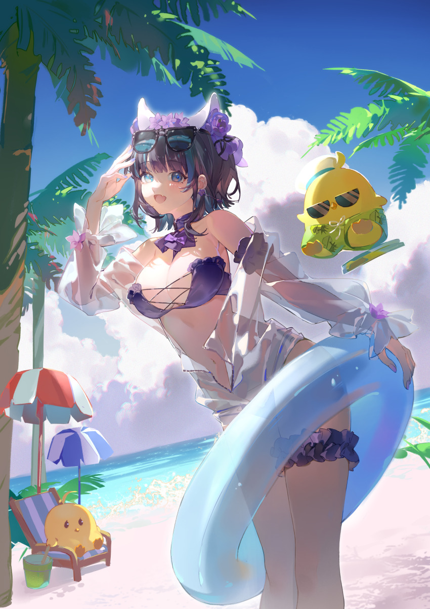 1girl :d absurdres animal_band animal_ears arm_garter azur_lane bare_shoulders beach beach_chair beach_umbrella bikini blue_eyes blue_hair blue_sky breasts bucket cat_ears cheshire_(azur_lane) cheshire_(summery_date!)_(azur_lane) choker cleavage cloud commentary_request cumulonimbus_cloud eyewear_on_head fang feet_out_of_frame flower frilled_garter frilled_thigh_strap green_shorts grey_hair hand_up highres innertube kaekaeki long_sleeves looking_at_viewer manjuu_(azur_lane) multicolored_hair official_alternate_costume open_mouth outdoors palm_tree purple_bikini purple_choker purple_flower purple_garter see-through_clothes see-through_shirt shirt short_hair shorts skin_fang sky smile solo strapless strapless_bikini streaked_hair sunglasses swim_ring swimsuit thigh_strap tree umbrella