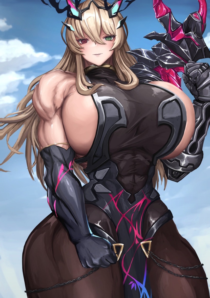 1girl abs armor ass bare_shoulders barghest_(fate) barghest_(second_ascension)_(fate) biceps black_dress black_gloves blonde_hair breasts brown_pantyhose chain dress elbow_gloves fate/grand_order fate_(series) gauntlets gloves green_eyes heterochromia highres horns huge_breasts jewelry long_hair muscular muscular_female pantyhose pauldrons pelvic_curtain red_eyes shoulder_armor sideboob single_gauntlet single_pauldron sleeveless sleeveless_dress thick_thighs thighs