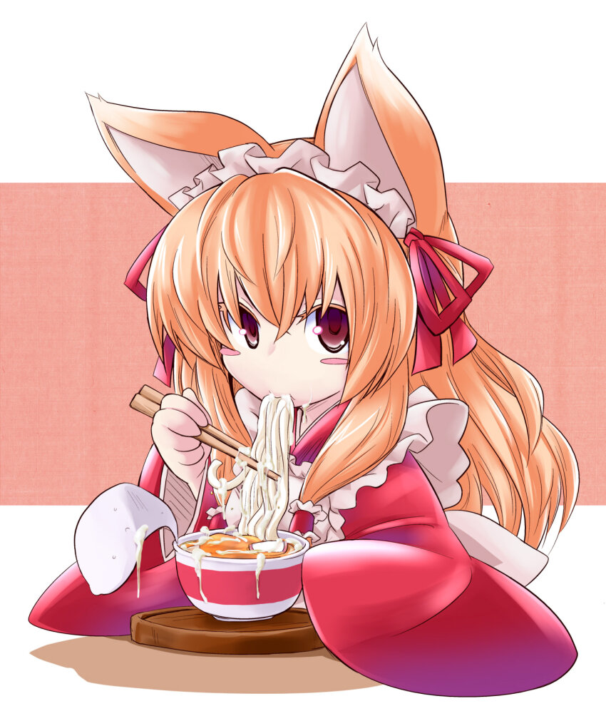 aburaage animal_ears blush blush_stickers bowl chopsticks cum cum_in_mouth cum_on_body cum_on_food cup_ramen dress eating facial food fox_ears hair_ribbon headdress highres kitsune_udon kobayashi_tetsuya long_hair looking_at_viewer maruchan_akai_kitsune_udon noodles orange_hair original red_dress red_eyes ribbon simple_background solo solo_focus udon
