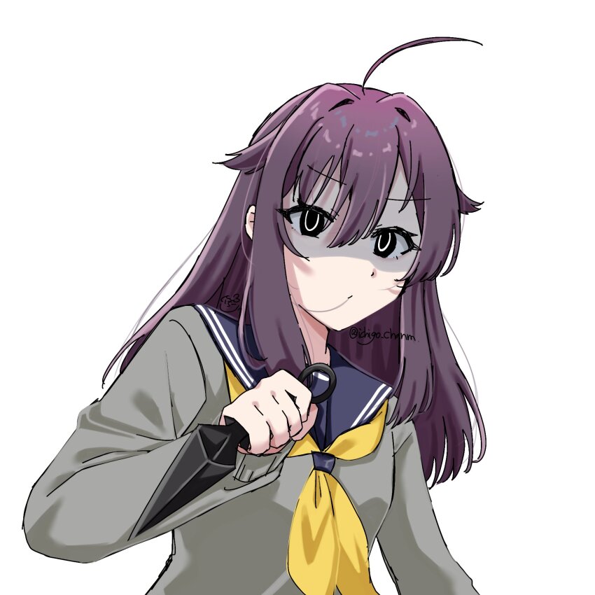 ahoge blue_sailor_collar highres holding holding_knife holding_weapon ichigo_chanm knife koshi_anko_(shikanoko) kunai long_hair long_sleeves neckerchief purple_eyes purple_hair reverse_grip sailor_collar school_uniform serafuku shikanoko_nokonoko_koshitantan shirt weapon yellow_neckerchief