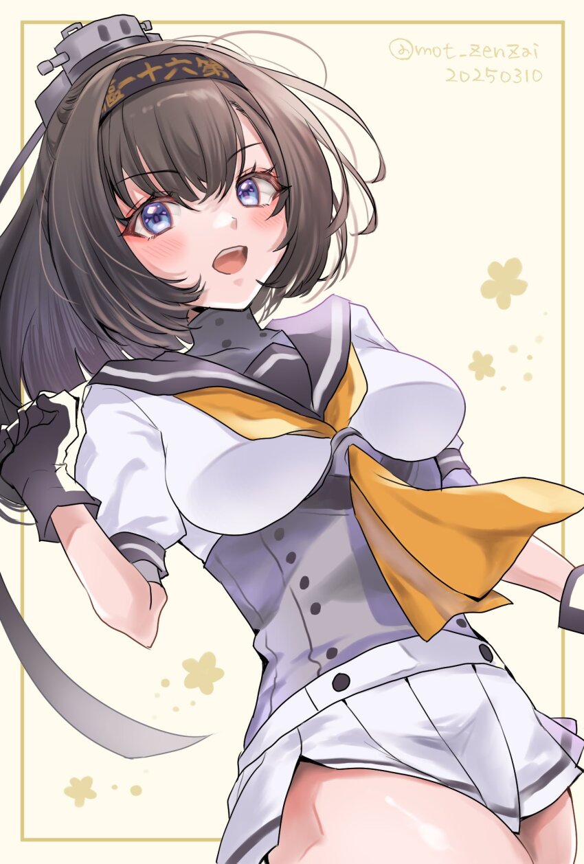 1girl akizuki_(kancolle) black_hair black_headband black_sailor_collar blush breasts brown_hair clothes_writing cowboy_shot dated gloves hachimaki hair_ornament hairband headband highres kantai_collection long_hair looking_at_viewer medium_breasts mot_zenzai multicolored_gloves neckerchief open_mouth pleated_skirt ponytail sailor_collar school_uniform serafuku skirt smile solo twitter_username white_skirt yellow_background yellow_neckerchief