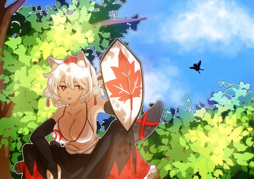 2girls absurdres animal_ear_fluff animal_ears black_bridal_gauntlets black_skirt blue_sky bra breasts bridal_gauntlets chinese_commentary cleavage closed_mouth cloud commentary_request day feet_out_of_frame hat highres holding holding_shield hot inubashiri_momiji large_breasts multiple_girls outdoors pom_pom_(clothes) red_eyes red_hat red_skirt scabbard shameimaru_aya sheath shield short_hair skirt sky sleepymoon solo_focus squatting sweat tokin_hat tongue tongue_out touhou tree two-tone_skirt underwear white_bra white_hair wolf_ears wolf_girl