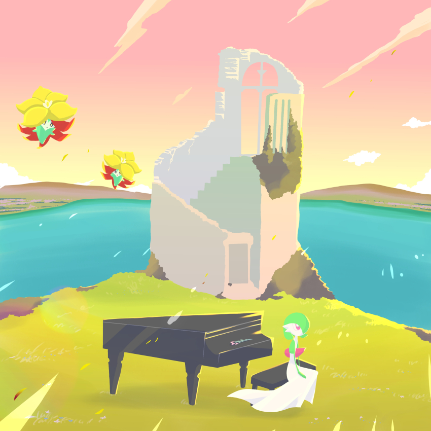 1girl absurdres bob_cut colored_skin female_focus flat_chest floating flower full_body gardevoir gen_3_pokemon gen_8_pokemon gossifleur gradient_sky grand_piano grass green_hair green_skin hair_over_one_eye highres instrument lake looking_up monomo_(pixiv_106518051) multicolored_skin nintendo on_bench one_eye_covered orange_sky outdoors piano piano_bench pink_flower pokemon pokemon_(creature) red_eyes ruins short_hair sitting sky stairs sunset two-tone_skin white_skin