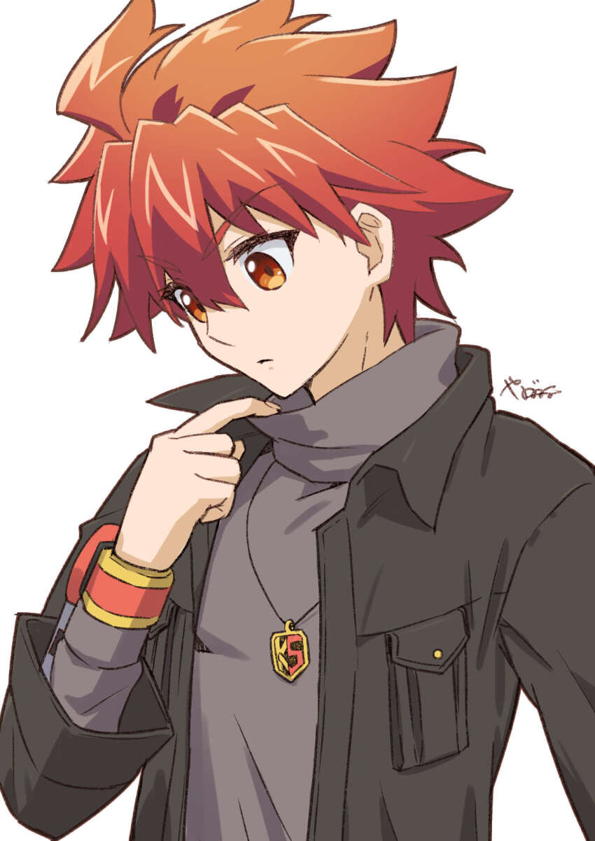 1boy alternate_costume asagaki_toogo black_jacket black_sweater highres jacket jewelry open_clothes open_jacket pendant red_eyes red_hair sentai_red_ga_isekai_de_boukensha_ni_naru simple_background solo sweater upper_body white_background yanagimachi