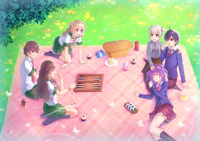2boys 4girls ahoge aika_himena backgammon bell black_hair black_socks blazer blonde_hair blue_jacket blue_socks board_game bow bowtie bracelet braid bread breast_pocket brown_hair brown_pants bug butterfly buttons chocolate_milk closed_eyes closed_mouth collared_shirt contemporary cornelia_(madoka_magica) cupcake diagonal-striped_clothes diagonal-striped_necktie double_bun dsazurius flower food french_braid frilled_skirt frills grass green_pants green_sailor_collar green_skirt grey_hair grey_pantyhose grey_shirt hair_bun hair_over_one_eye hairband half_updo hand_on_another&#039;s_head hand_on_another&#039;s_shoulder hand_rest hikarizuka_school_uniform hiko_(madoka_magica) insect iunia_(madoka_magica) jacket jewelry jingle_bell kagura_san kamihama_future_academy_school_uniform kneehighs kneeling lap_pillow lapels layered_sleeves long_hair long_sleeves looking_at_another magia_record:_mahou_shoujo_madoka_magica_gaiden mahou_shoujo_madoka_magica marcus_(madoka_magica) melon_bread miniskirt multiple_boys multiple_girls neck_ribbon necktie no_shoes one_eye_covered onigiri open_mouth outdoors pants pantyhose picnic picnic_basket pink_bow pink_bowtie pink_necktie pink_ribbon pink_skirt plaid_clothes plaid_skirt pleated_skirt pocket purple_hair purple_necktie red_necktie red_skirt ribbon sailor_collar sailor_shirt school_uniform seiza serafuku shirt short_hair short_necktie short_sleeves side_up_bun sidelocks sitting skirt smile socks strawberry_milk striped_clothes very_long_hair white_shirt wing_collar yunohana_international_school_uniform