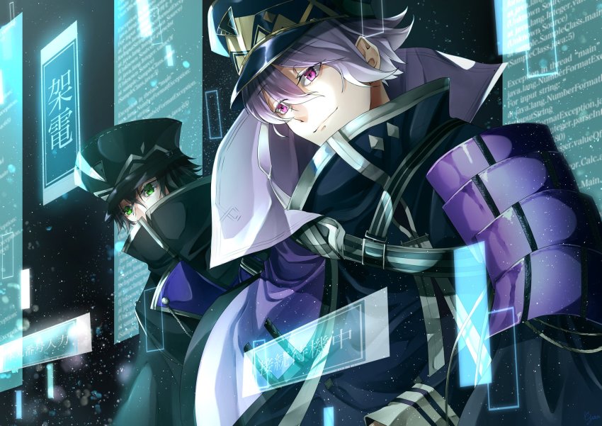 2boys armor bad_id bad_twitter_id black_jacket closed_mouth green_eyes hat high_collar highres holographic_interface jacket japanese_armor male_focus minamoto_kiyomaro multiple_boys peaked_cap pink_eyes shian-beni shoulder_armor sode suishinshi_masahide touken_ranbu uniform