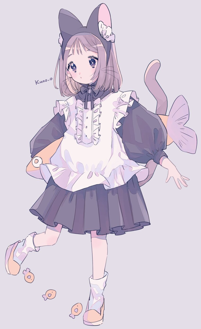 1girl apron artist_name black_bow black_dress bow bowtie brown_hair cat_tail dress highres jikuno long_sleeves medium_hair original purple_background purple_eyes shoes simple_background socks solo standing standing_on_one_leg tail white_socks yellow_shoes
