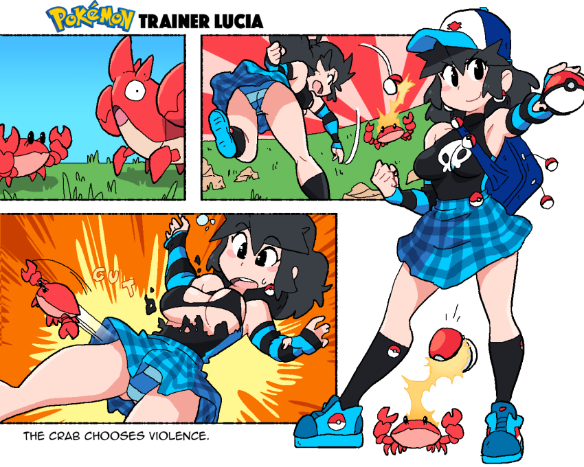 1girl armpits ass baseball_cap black_bra black_shirt black_socks blue_footwear blue_panties blue_skirt bra copyright_name corphish crab detached_sleeves elbow_gloves english_text gen_3_pokemon gloves grass halter_shirt halterneck hat highres lucia_(scott_malin) multiple_views nintendo original panties plaid_clothes plaid_skirt poke_ball poke_ball_(basic) pokemon print_headwear print_shirt scott_malin shirt shoes single_detached_sleeve single_elbow_glove skirt sleeveless sleeveless_shirt socks striped_clothes striped_gloves striped_panties striped_sleeves throwing throwing_poke_ball torn_clothes underwear