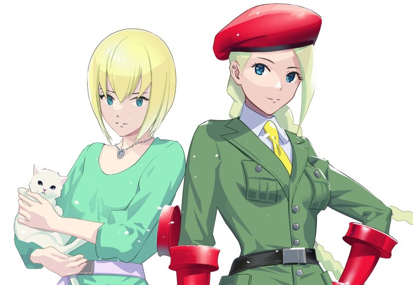 2girls beret blonde_hair blue_eyes braid breasts cammy_white cat closed_mouth cofffee gloves hat jewelry juni_(street_fighter) long_hair looking_at_viewer medium_breasts military_uniform multiple_girls necklace simple_background small_breasts smile street_fighter street_fighter_iv_(series) twin_braids white_background