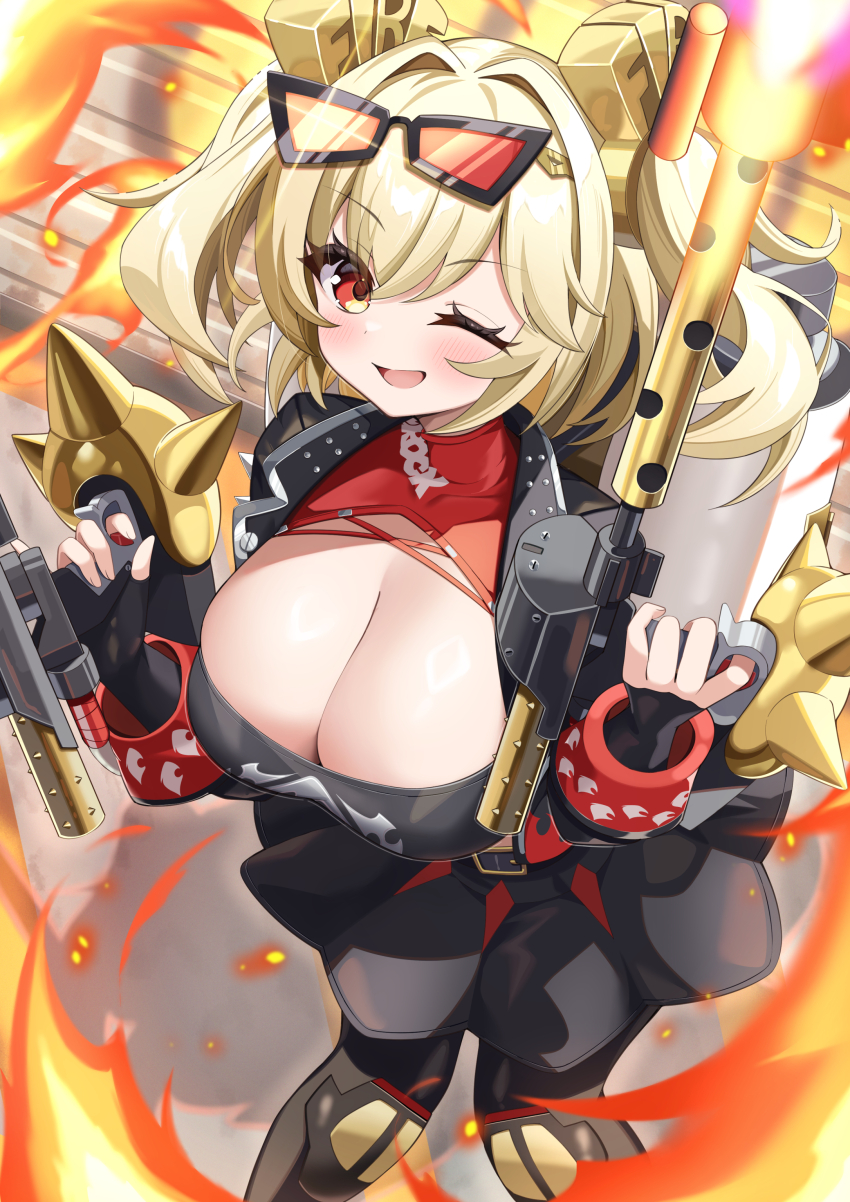 1girl absurdres belt black_belt black_jacket black_skirt black_tube_top blonde_hair breasts burnice_white cleavage crop_top elegant_(sumisumi4268) eyewear_on_head flamethrower highres holding_flamethrower holding_weapon jacket large_breasts looking_at_viewer one_eye_closed propane_tank red-tinted_eyewear red_eyes skirt solo spiked_belt spiked_jacket strapless tinted_eyewear tube_top two_side_up weapon zenless_zone_zero