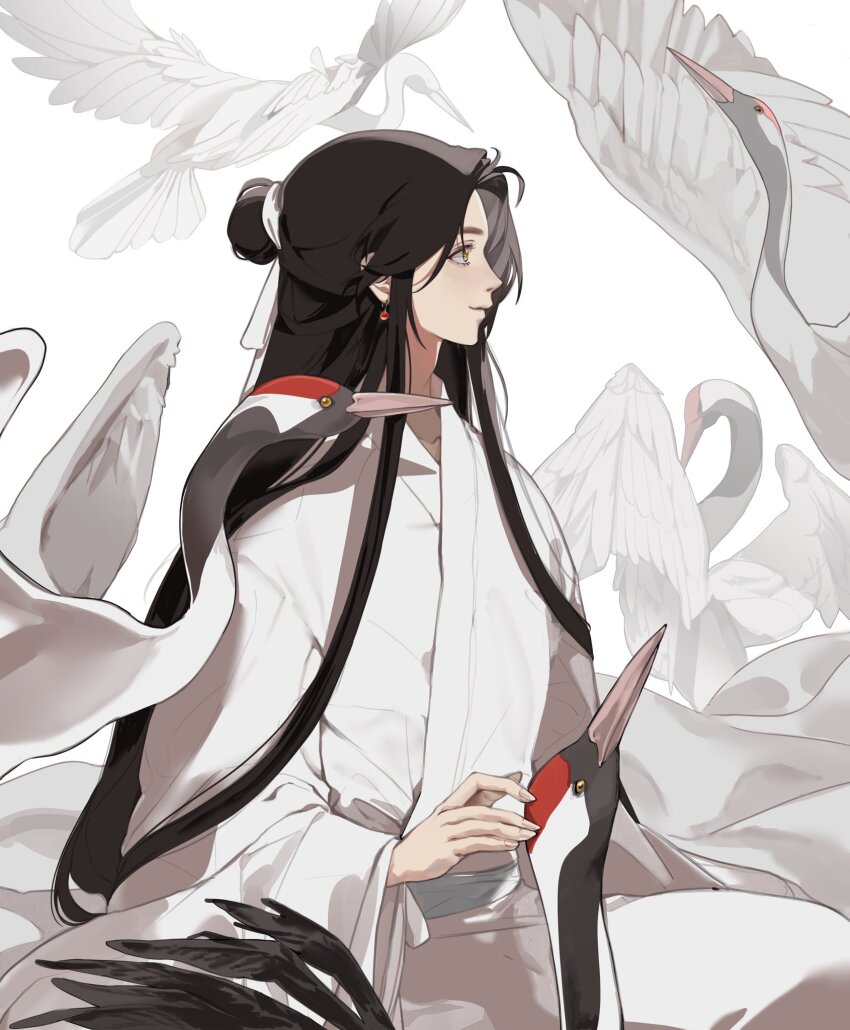 1boy adam&#039;s_apple animal arms_at_sides bird bishounen black_theme brown_hair brown_theme chinese_clothes closed_mouth collarbone_peek crane_(animal) curtained_hair dang_t earrings eyelashes fingernails hair_bun hair_flowing_over hair_ribbon hand_up hanfu happy highres jewelry limited_palette long_hair long_sidelocks looking_afar male_focus parted_bangs pearl_earrings profile red-crowned_crane ribbon sidelocks simple_background single_hair_bun smile straight_hair tareme thick_eyebrows tianguan_cifu very_long_hair white_background white_hanfu white_ribbon white_theme wide_sleeves wispy_bangs xie_lian yellow_eyes
