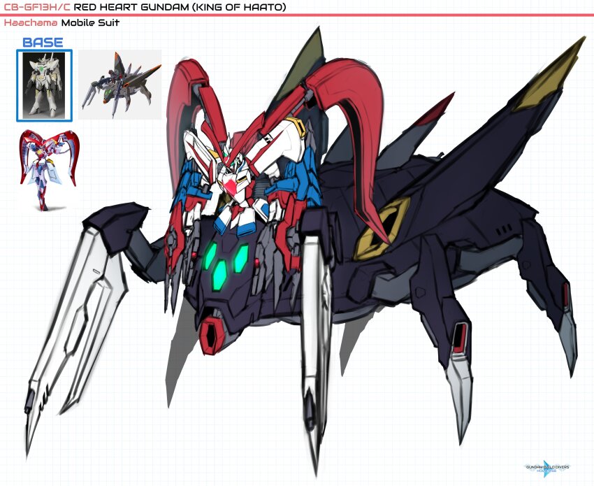 absurdres arthropod_limbs character_name reference_sheet claws commentary copyright_name english_commentary full_body g_gundam gundam gundam_build_divers gundam_build_divers_re:rise gundam_seed gundam_seed_destiny highres hololive mecha mecha_focus mobile_armor mobile_suit no_humans pinguinkotak redesign robot science_fiction shuffle_heart taur weapon white_background