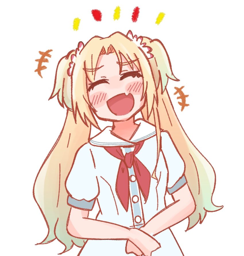 +++ 1girl :d amado_(amaddo_club) aqua_hair blonde_hair blue_dress blush commentary_request curtained_hair dress facing_viewer fang flower gradient_hair hair_flower hair_ornament hands_on_own_stomach hasu_no_sora_school_uniform highres laughing link!_like!_love_live! love_live! multicolored_hair neckerchief open_mouth osawa_rurino parted_bangs pink_flower puffy_short_sleeves puffy_sleeves red_neckerchief sailor_dress school_uniform short_sleeves simple_background skin_fang smile summer_uniform twintails upper_body virtual_youtuber white_background