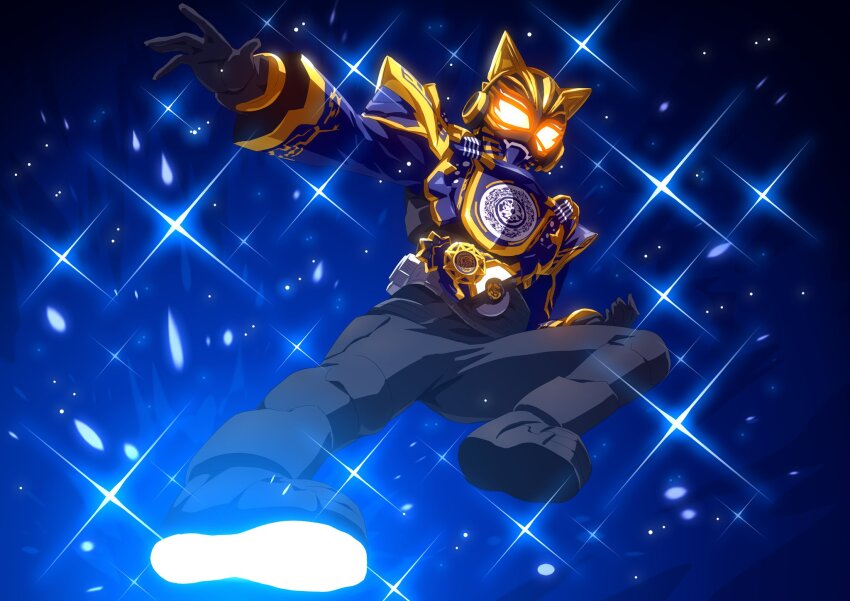 1girl animal_ears armor aura black_bodysuit black_gloves blue_armor blue_sleeves bodysuit cat_ears clenched_hand commentary rider_belt fangs fantasy_buckle fingernails finishing_move foreshortening gloves glowing glowing_eyes gold_trim highres id_core incoming_attack kamen_rider kamen_rider_geats_(series) kamen_rider_na-go looking_at_viewer magic open_hand open_hands orange_eyes otokamu outstretched_arms raise_buckle red_eyes rider_belt rider_kick spread_arms tokusatsu upper_body