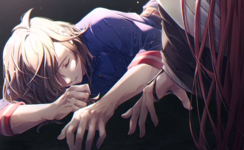2boys belt black_background black_hair blue_shirt closed_eyes dress_shirt fate/grand_order fate_(series) hair_over_one_eye looking_at_viewer lying male_focus masaki_(star8moon) multiple_boys on_side out_of_frame parted_lips red_hair sakamoto_ryouma_(fate) shirt three-quarter_sleeves solo_focus takasugi_shinsaku_(fate) upper_body wide_sleeves