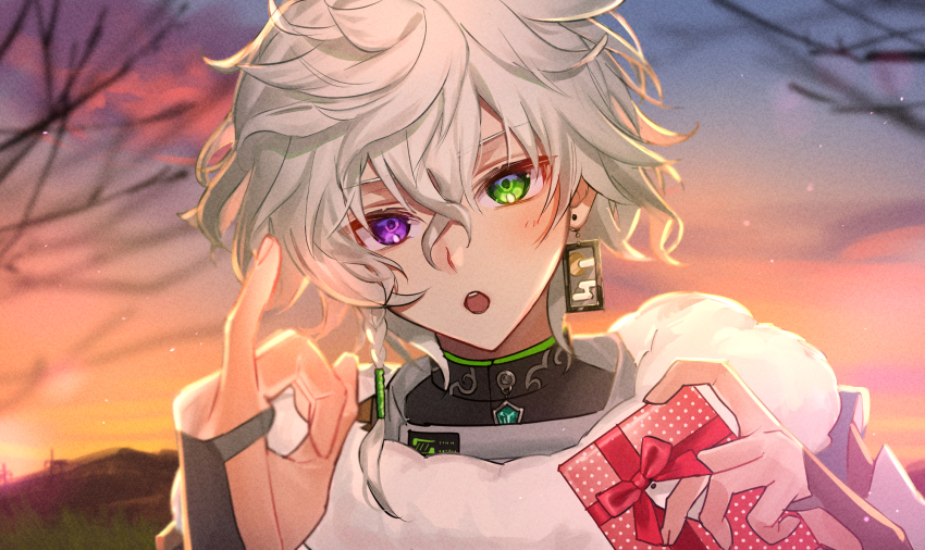 1boy :o bare_tree black_shirt blurry blurry_background commentary_request earrings fur_collar gift gradient_sky green_eyes hanafuda_earrings heterochromia highres holding holding_gift jewelry looking_at_viewer male_focus matochi_(fa) mountainous_horizon murakumo_kagetsu murakumo_kagetsu_(1st_costume) nijisanji open_mouth orange_sky outdoors pinky_swear purple_eyes shirt short_hair single_earring sky solo sunset tree upper_body virtual_youtuber white_hair