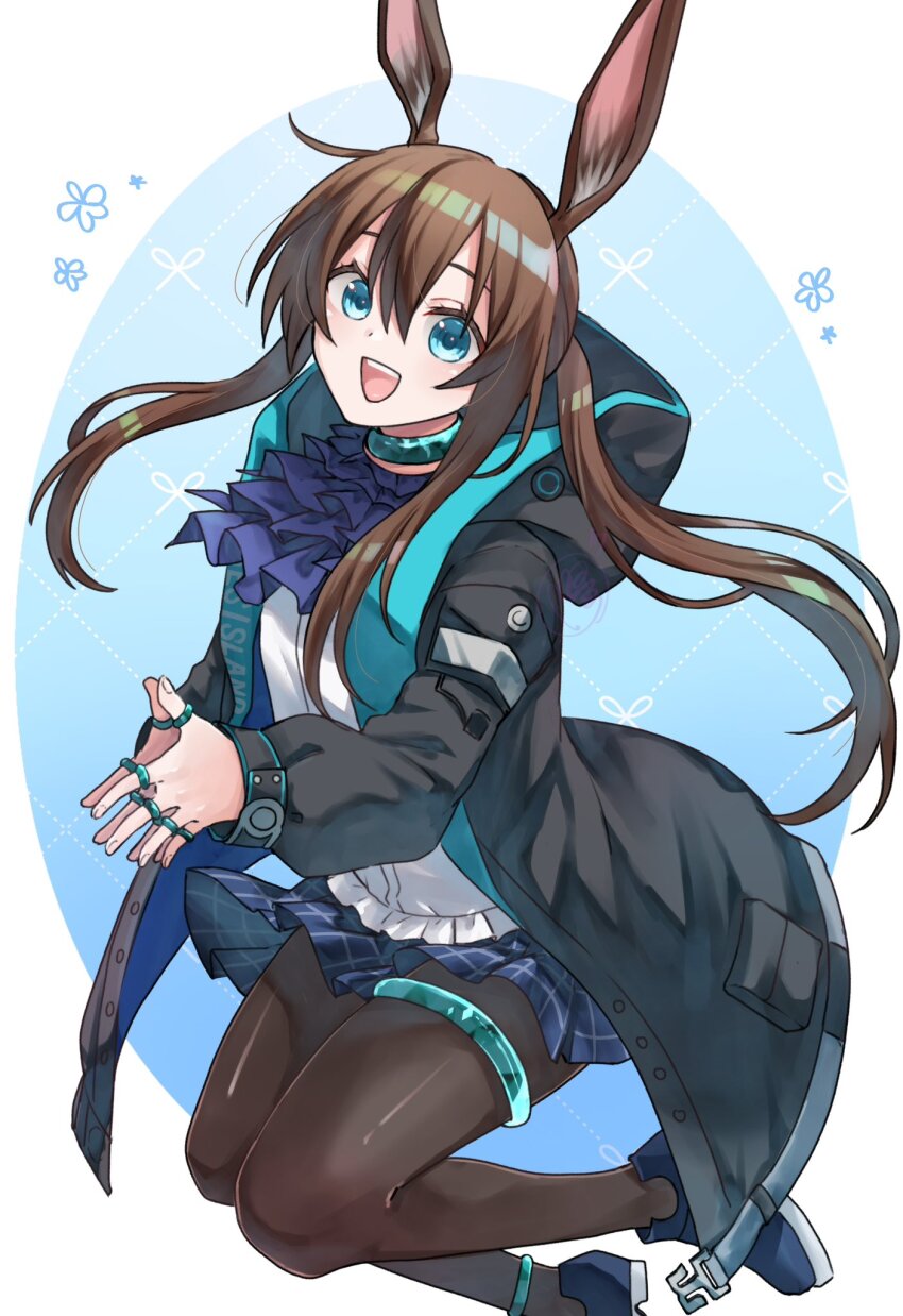 1girl :d amiya_(arknights) animal_ears arknights ascot black_coat blue_background blue_coat blue_collar blue_eyes border brown_hair brown_pantyhose clothes_writing coat collar commentary fingernails foot_out_of_frame frilled_shirt frills gradient_background hair_between_eyes highres hood hood_down hooded_coat jewelry jumping long_hair long_sleeves looking_at_viewer miniskirt open_clothes open_coat open_mouth outside_border oval_background own_hands_together pantyhose plaid_clothes plaid_skirt pleated_skirt ponytail purple_ascot purple_skirt rabbit_ears rabbit_girl shirt sidelocks skirt smile solo soulroam thighlet thighs two-sided_coat two-sided_fabric watermark white_border white_shirt
