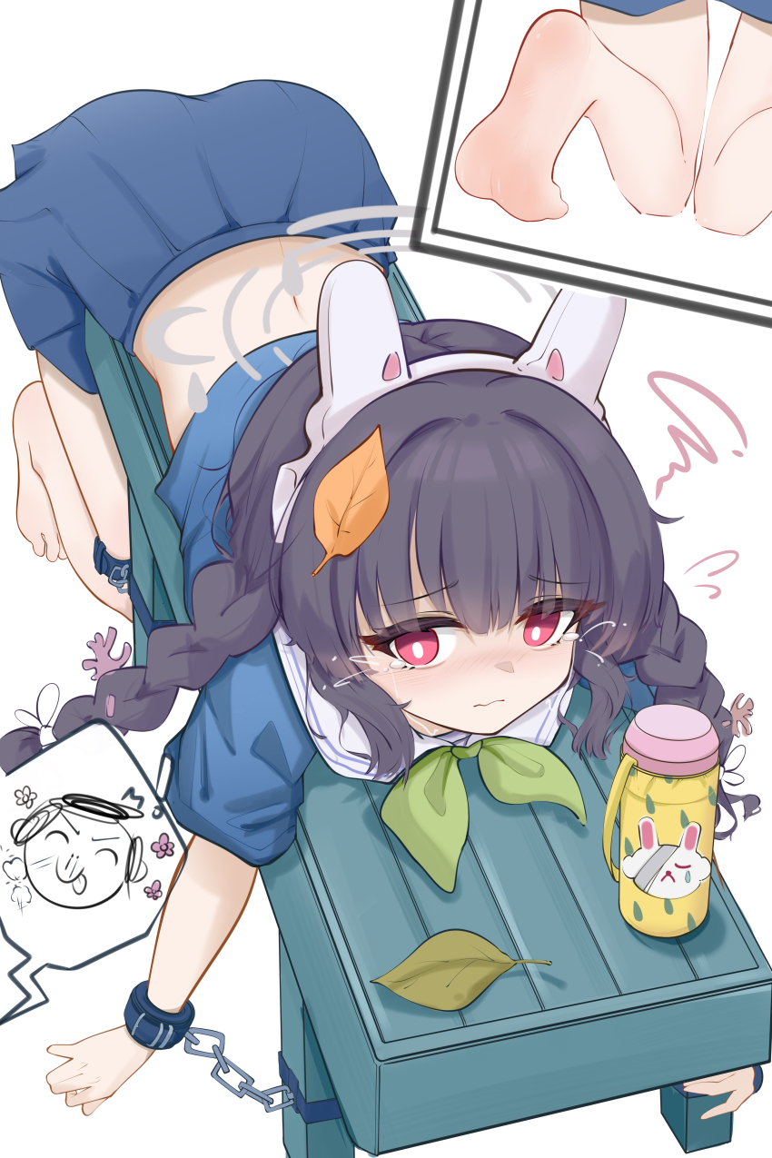 1boy 1girl absurdres animal_ears banbanban_li barefoot bench black_hair blue_archive blue_serafuku blue_shirt blue_skirt blush braid crying doodle_sensei_(blue_archive) fake_animal_ears green_neckerchief halo highres leaf leaf_on_head loli long_hair miyu_(blue_archive) neckerchief panties rabbit_ears red_eyes sailor_collar school_uniform sensei_(blue_archive) serafuku shirt skirt tearing_up tears thermos twin_braids underwear white_sailor_collar