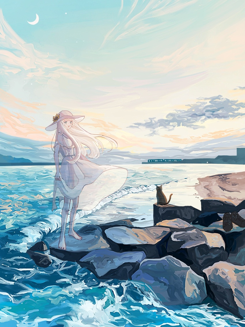 1girl :d barefoot beach black_cat blue_eyes blue_sky cat cloud commentary crescent_moon dress evening floating_hair flower from_side hat hat_flower highres horizon ivelovedsekaowa long_hair looking_at_viewer moon ocean on_rock open_mouth original outdoors rock scenery skirt_hold sky smile solo standing standing_on_rock sun_hat sundress transparent water waves white_dress white_hair white_hat wide_shot wind