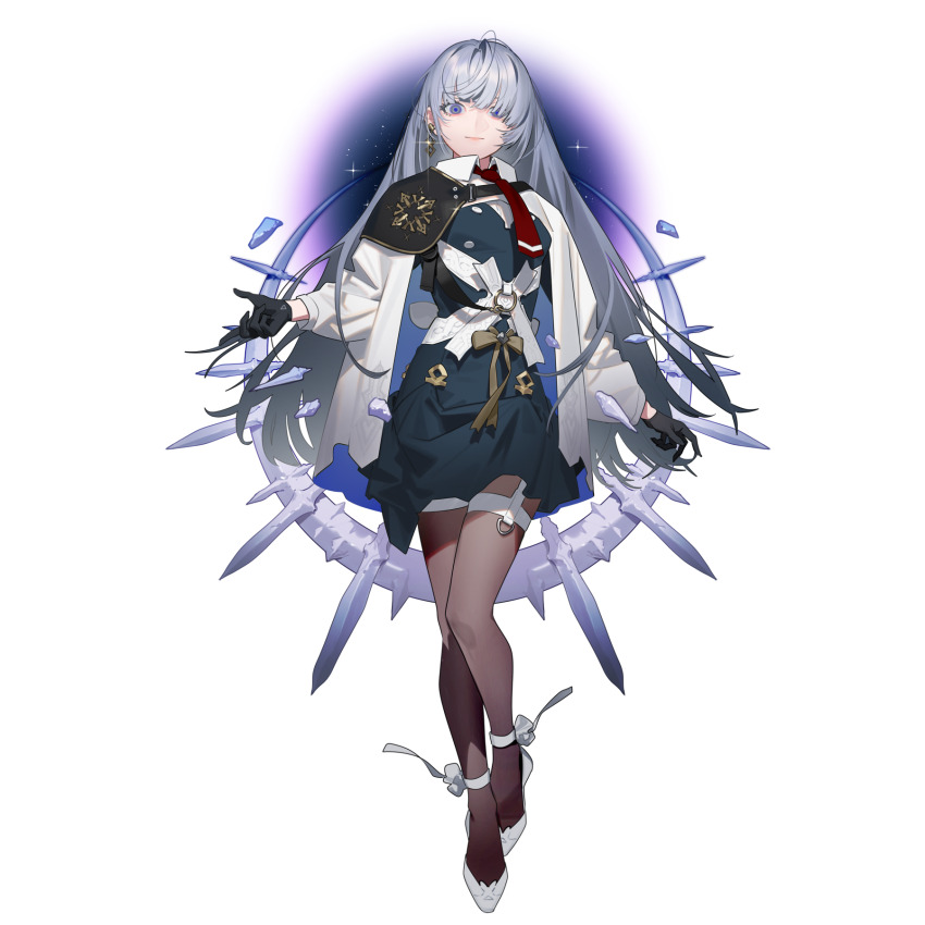 1girl arcaea black_gloves black_pantyhose black_skirt bow collared_shirt earrings gloves hair_between_eyes highres insight_(arcaea) jewelry long_sleeves necktie non-web_source oguchi pantyhose purple_eyes red_necktie shirt shoes single_shoulder_pad skirt smile solo thigh_strap white_hair white_shirt white_shoes yellow_bow