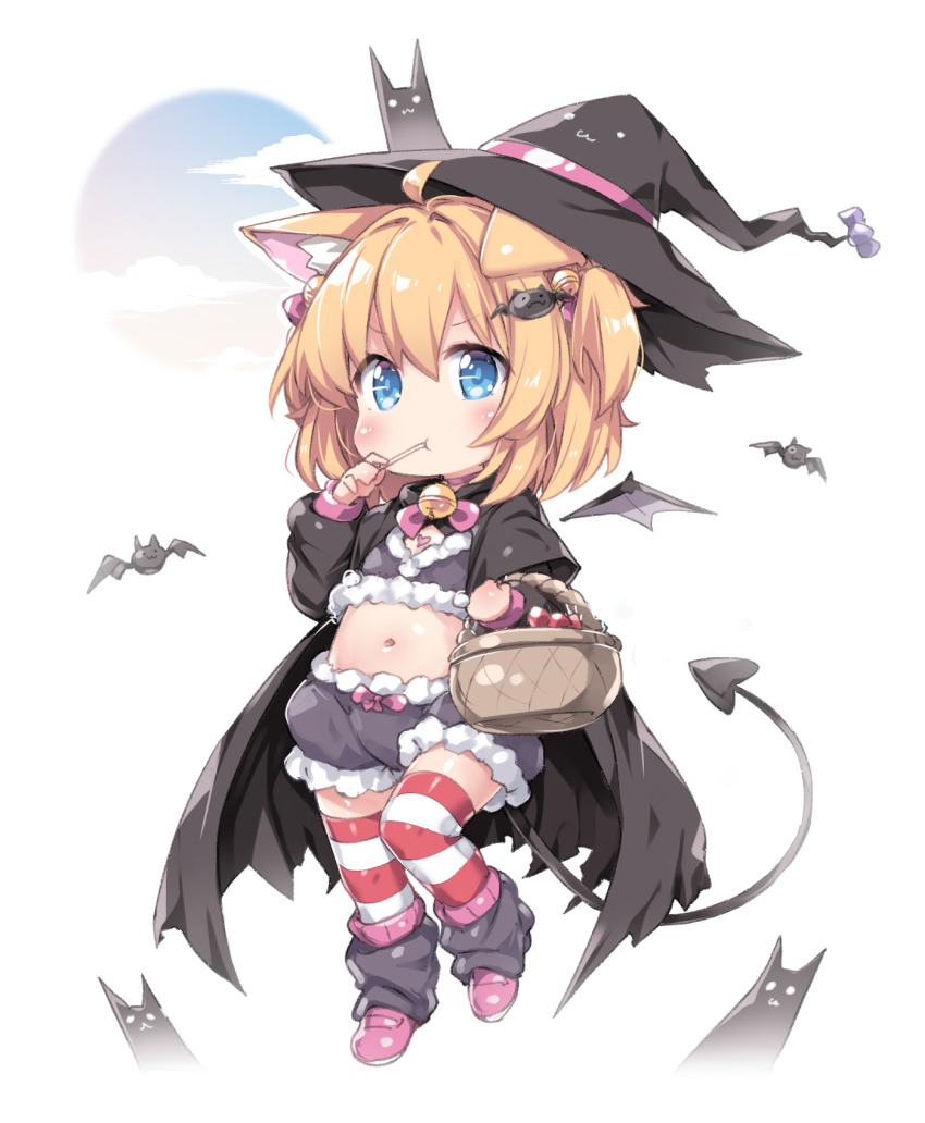1girl animal_ears basket bat_(animal) blonde_hair blue_eyes hat highres navel original solo striped_clothes striped_thighhighs tail tamase_tama thighhighs two_side_up wings witch_hat