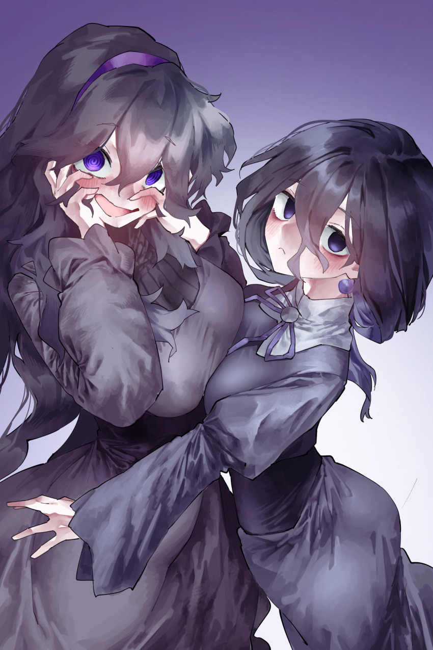 2girls :&lt; @_@ absurdres ass asymmetrical_docking black_dress black_hair blush breast_press breasts creatures_(company) dress earrings game_freak hands_on_own_face headband hex_maniac_(pokemon) hex_maniac_(pokemon_legends:_z-a) highres jewelry long_hair medium_breasts medium_hair multiple_girls nintendo pokemon pokemon_legends:_z-a pokemon_xy purple_eyes purple_headband ribbon vivo_(vivo_sun_0222)