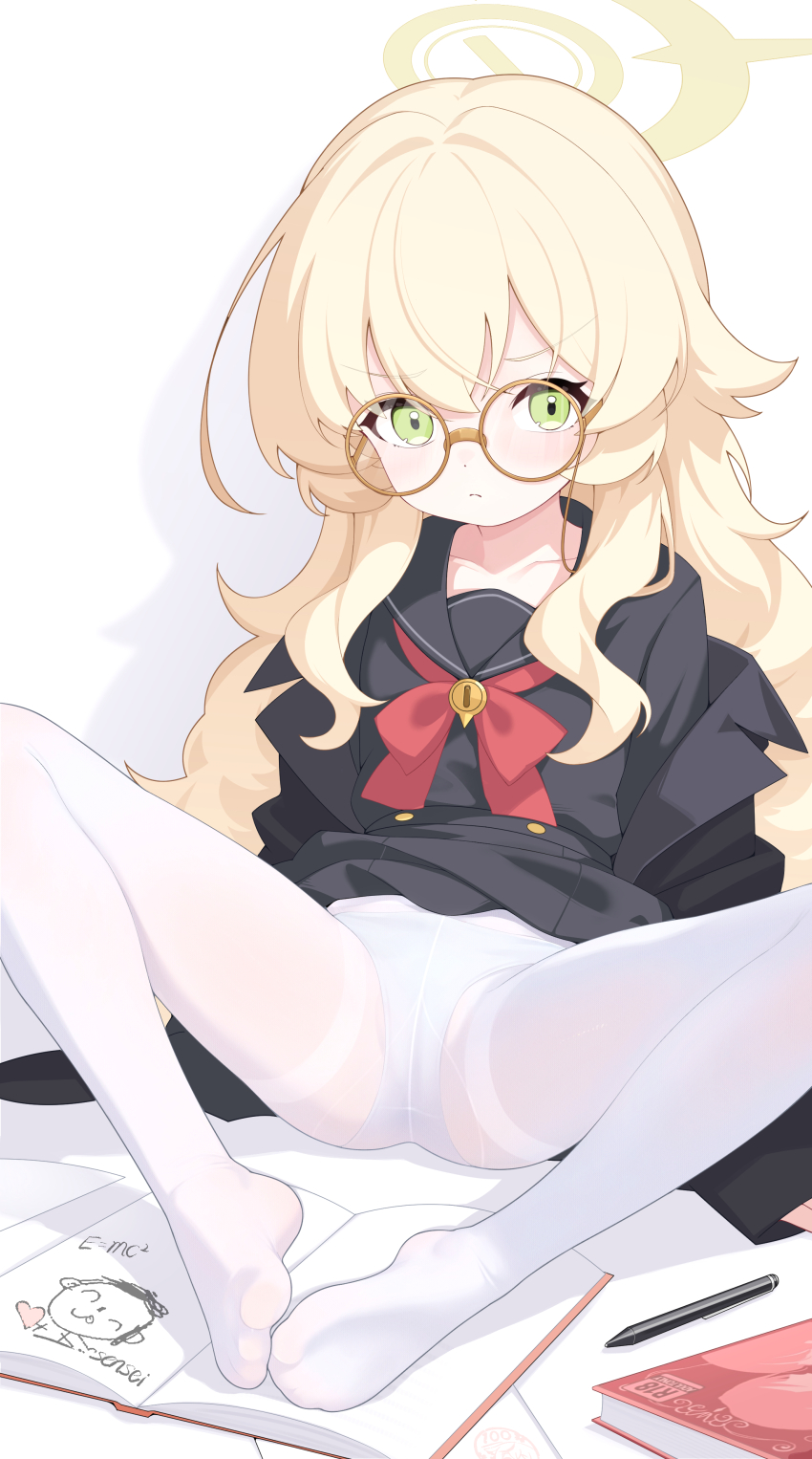 1girl absurdres black_coat black_serafuku black_shirt blonde_hair blue_archive book boots bowtie closed_mouth coat collarbone commentary doodle_sensei_(blue_archive) dot_nose e=mc2_(equation) feet furrowed_brow glasses green_eyes hair_between_eyes halo high-waist_pantyhose highres jiuchong_ying_fengxue knees_apart_feet_together loli long_hair long_sleeves looking_at_viewer no_shoes off_shoulder open_book open_clothes open_coat panties panties_under_pantyhose pantyhose pen professor_niyaniya_(blue_archive) red_bow red_bowtie school_uniform sensei_(blue_archive) serafuku shirt sidelocks solo spread_legs thighband_pantyhose thighs toes underwear very_long_hair wavy_hair white_panties white_pantyhose yellow_halo