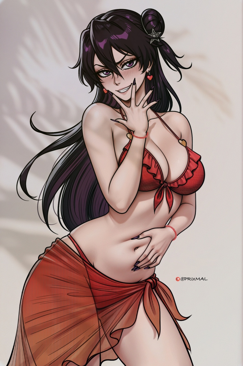 1girl ai-assisted artist_name bambietta_basterbine bare_shoulders bikini black_hair bleach bleach:_brave_souls bleach:_sennen_kessen-hen breasts collarbone earrings female_focus hand_on_own_stomach highres jewelry light_blush long_hair medium_breasts official_alternate_costume patreon_username prixmal purple_eyes quincy_(bleach) sternritter swimsuit