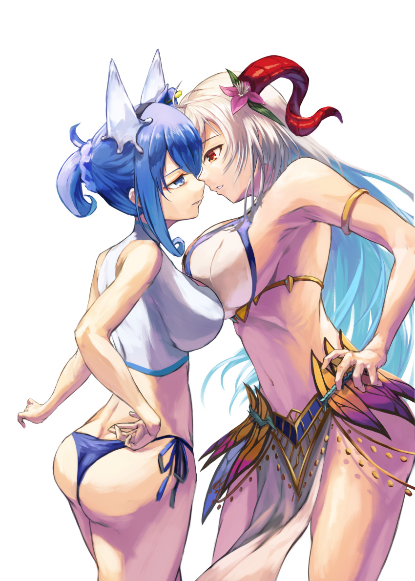 2girls absurdres alternate_costume animal_ears armband ass assertive_female asymmetrical_docking bare_shoulders bikini blue_eyes blue_hair breast_press breasts commission commissioner_upload curled_horns female_focus fire_emblem fire_emblem_heroes flower flower_necklace food freyja_(fire_emblem) freyja_(summer)_(fire_emblem) goat_horns hair_ornament hand_on_own_hip highres horns ice ice_cream ice_horns jewelry juunishi_aya large_breasts long_hair matching_hair/eyes medium_breasts midriff multicolored_bikini multicolored_hair multiple_girls navel necklace nifl_(fire_emblem) nifl_(summer)_(fire_emblem) nintendo non-web_source official_alternate_costume official_alternate_hairstyle open_mouth pelvic_curtain ponytail red_eyes red_horns short_hair side-tie_bikini_bottom size_difference stare_down swimsuit thighs trait_connection transparent_background two-tone_bikini two-tone_swimsuit white_bikini white_hair
